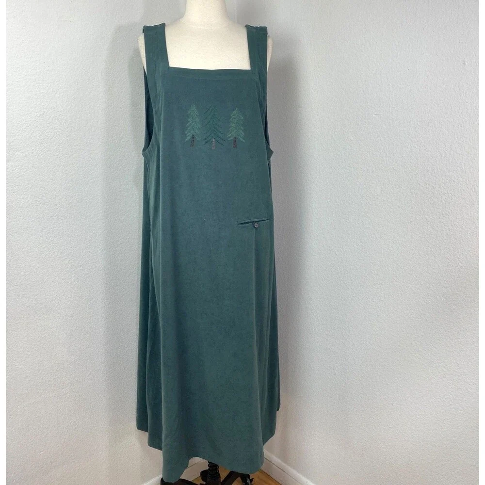 CJ Banks Forest Green Maxi Jumper Dress 14W Pocket Embroidery Trees Dark Academa